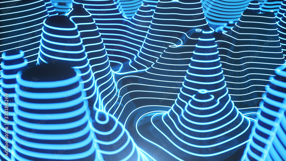 Poster abstract topographic 3d map of dangerous mountain terrain. neon contour lines on the map glow. study