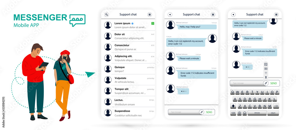 Aufkleber Messenger Chat App with white UI, UX, KIT design interface. Social network screens with mobile keyboard, chat window, bubbles text and icons. Smartphone Messenger App Screens in flat style. Vector 