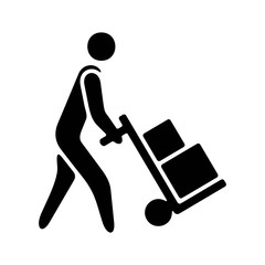 Delivery man pushing a cargo hand truck. Flat icon design.