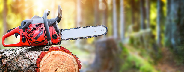Chainsaw on wooden stump or firewood.