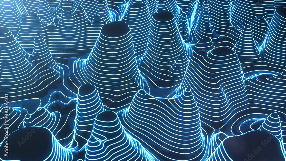 Aufkleber abstract topographic 3d map of dangerous mountain terrain. neon contour lines on the map glow. study