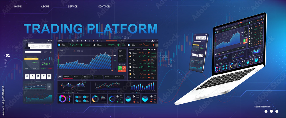 Aufkleber Trade platform UI dashboard design. The concept of a universal application with cryptocurrency and finance (Binary option, forex market) App for online trading, laptop and smartphone. Vector dashboard