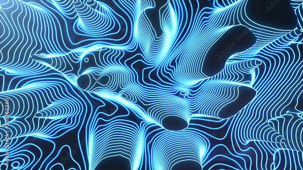 Poster abstract topographic 3d map of dangerous mountain terrain. neon contour lines on the map glow. study