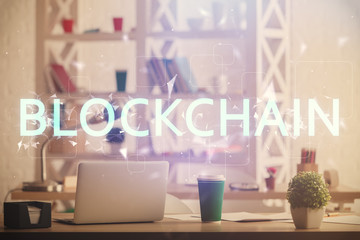 Double exposure of crypto technology theme drawing and office interior background. Concept of blockchain.