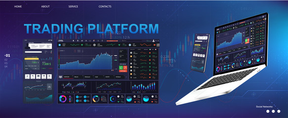Trade platform UI dashboard design. The concept of a universal application with cryptocurrency and finance (Binary option, forex market) App for online trading, laptop and smartphone. Vector dashboard
