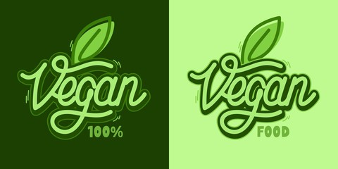 Word Vegan Text With Green Leaf Hand Written Vector Typography Illustration As Logotype, Badge and Icon, Postcard, Card, Invitation, Flyer, Banner Template