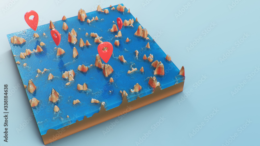 Aufkleber cross section 3d map with red point markers. contour lines on a topographic map. studying the geogra