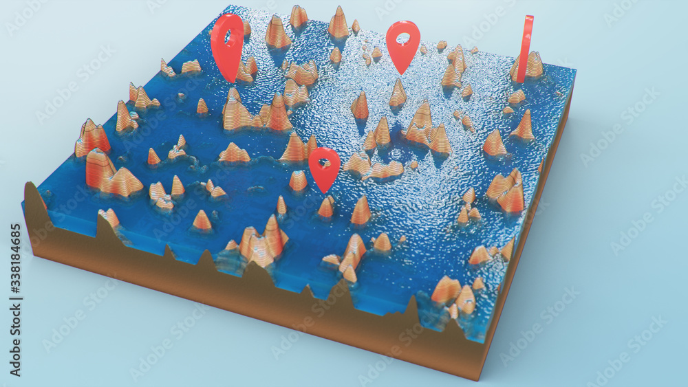 Aufkleber red pointers, markers on the 3d map navigation. contour lines on a topographic map. studying the geo