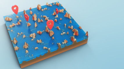 Cross section 3D Map with red point markers. Contour lines on a topographic map. Studying the geography of the area: hills, mountains and plains. Pointers on map, navigation concept, 3d illustration