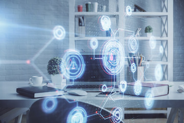 Double exposure of data theme drawing and office interior background. Concept of technology.