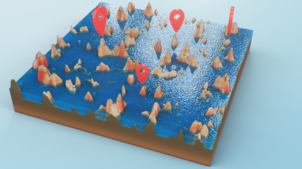 Red pointers, markers on the 3D map navigation. Contour lines on a topographic map. Studying the geography of the area: hills, mountains and plains. Cartography map on blue background, 3d illustration