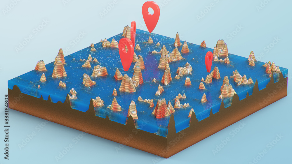Aufkleber red pointers, markers on the 3d map navigation. contour lines on a topographic map. studying the geo