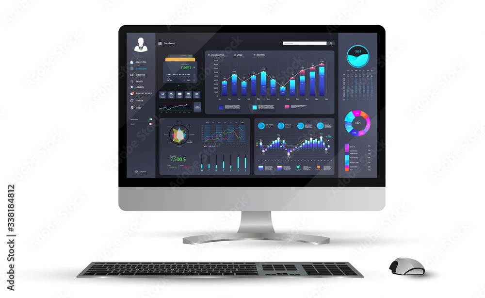 Poster Mockup dashboard infographic with modern UI, GUI, design. Admin panel with graphics and diagrams with options and workflow graphs. Web App, finance graphs, pie chart and column diagrams. Vector 