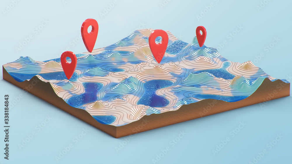 Aufkleber cross section 3d map with red point markers. contour lines on a topographic map. studying the geogra