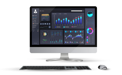 Mockup dashboard infographic with modern UI, GUI, design. Admin panel with graphics and diagrams with options and workflow graphs. Web App, finance graphs, pie chart and column diagrams. Vector 