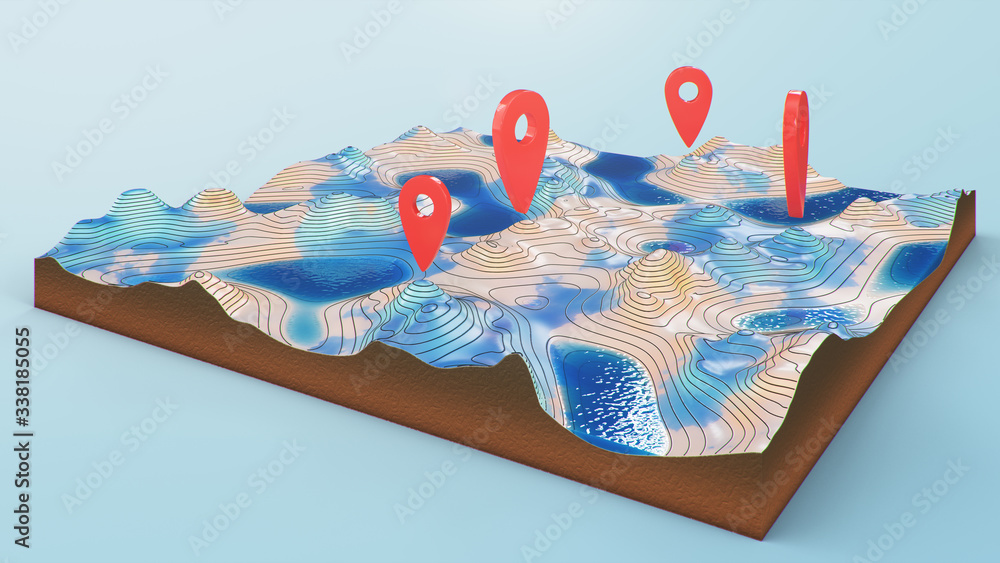 Aufkleber red pointers, markers on the 3d map navigation. contour lines on a topographic map. studying the geo