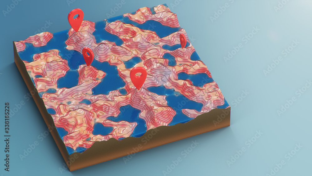 Aufkleber cross section 3d map with red point markers. contour lines on a topographic map. studying the geogra