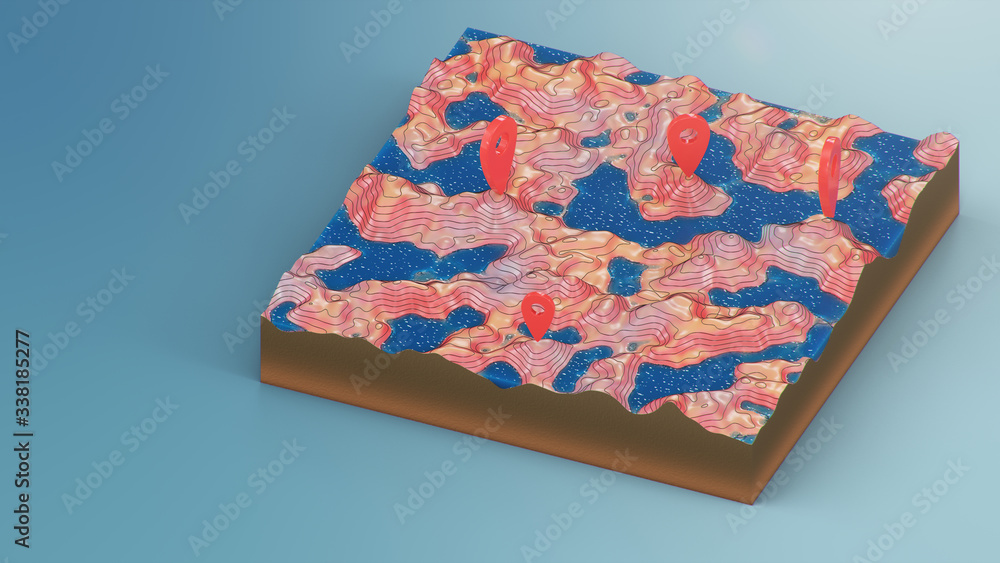 Poster red pointers, markers on the 3d map navigation. contour lines on a topographic map. studying the geo