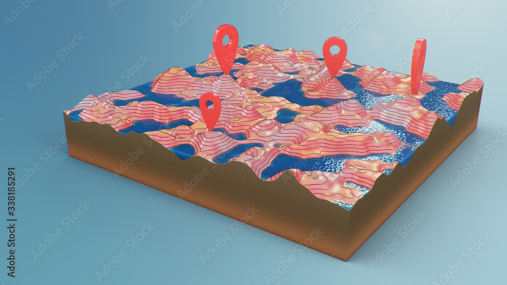 Aufkleber cross section 3d map with red point markers. contour lines on a topographic map. studying the geogra