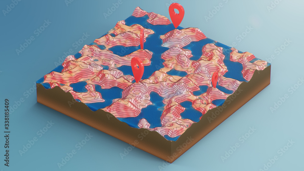 Aufkleber red pointers, markers on the 3d map navigation. contour lines on a topographic map. studying the geo