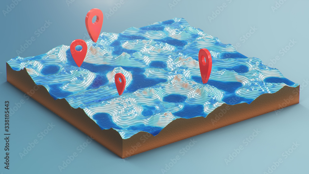 Aufkleber cross section 3d map with red point markers. contour lines on a topographic map. studying the geogra