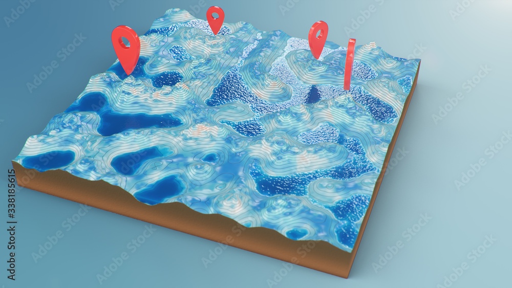 Aufkleber cross section 3d map with red point markers. contour lines on a topographic map. studying the geogra