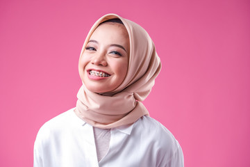 Isolated Pink background of Beauty asian women wearing scarf with variety reaction face