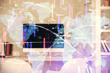Double exposure of business theme drawing and office interior background. Concept of success
