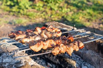 Delicious, juicy, pickled kebab is grilled on charcoal