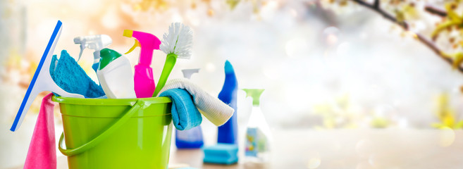 Bucket or basket with cleaning items for wash or house cleaning.