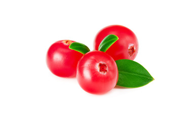Cranberry with green leaves isolated on white background