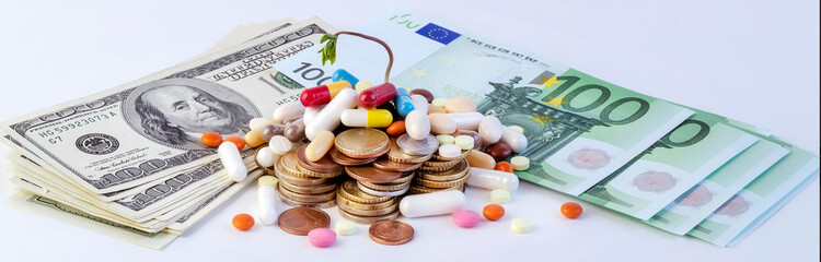 Different pills on a background of dollar and euro cash, conceptual image.Covid - 19