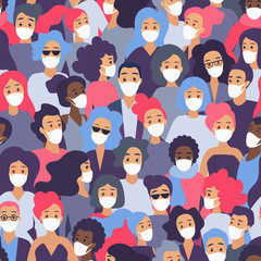 Crowd of people in medical protective face mask seamless pattern flat vector illustration. Protecting from the corona virus novel coronavirus 2019-nCoV concept. Quarantine time.
