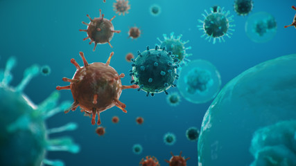 Outbreak of coronavirus, flu virus and COVID-19. Concept of a pandemic, epidemic for human cells. COVID-19 under the microscope, pathogen affecting the respiratory system, 3d illustration