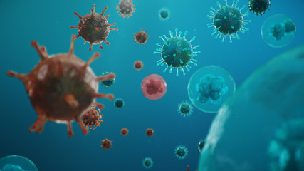 Fototapeta premium Outbreak of coronavirus, flu virus and COVID-19. Concept of a pandemic, epidemic for human cells. COVID-19 under the microscope, pathogen affecting the respiratory system, 3d illustration