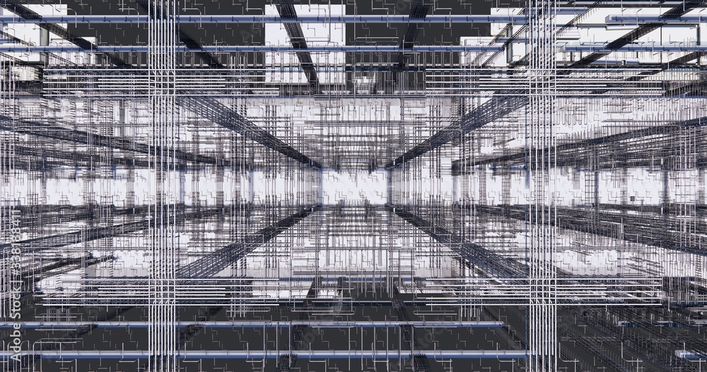 Poster top view 3d bim model of reinforcement framework of the building