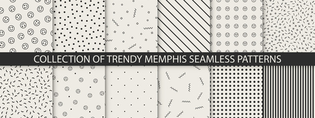 Collection of retro memphis patterns - seamless. Fashion 80-90s. Black and white mosaic textures.