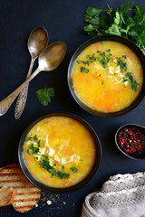Thick chicken soup with millet and vegetables. Top view with copy space.