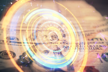 Double exposure of tech theme drawing over usa dollars bill background. Concept of technology.