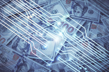Double exposure of data theme drawing over us dollars bill background. Technology concept.