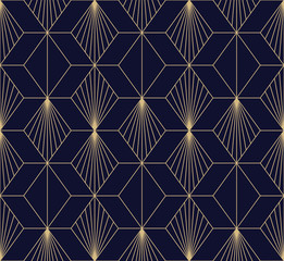 Geometric abstract pattern. Seamless vector background. Dark blue and gold texture. Graphic modern pattern