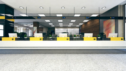 Customer stand large open space office 3D rendering - obrazy, fototapety, plakaty
