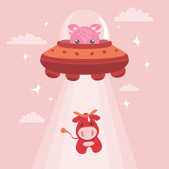 Funny cute cartoon illustration of UFO with aliens and cute abduction red cow isolated on light red background. Design for t-shirt, greeting cards, parties, posters, stickers, decor, cover and ets