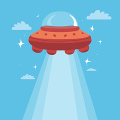 Funny cute cartoon illustration of UFO isolated on blue background. Design for t-shirt, greeting cards, parties, posters, stickers, decor, cover etc © Iuliia