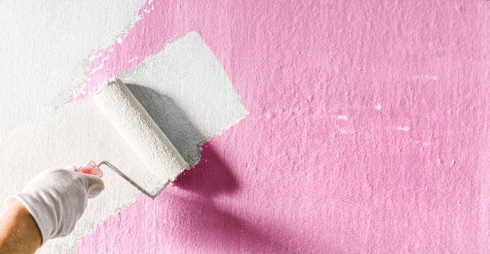 Roller Brush Painting Pink Wall, Worker Paint On Surface By The White Rollers Brush.