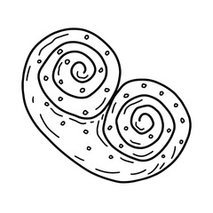 Butter swirling bun with sprinkles in doodle style on a white background. Black and white vector illustration of appetizing baking close-up. Isolated object for print, menu, sign.