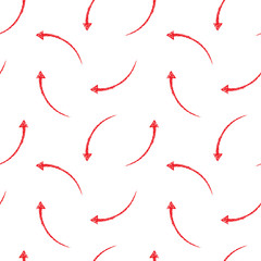 Red chalk, pastel, pencil textured arrows, pointers seamless repeat vector regular pattern. Hand drawn various rough curved, arched artistic arrow shapes background. Painted doodle style texture.