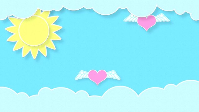 Looped footage with drawn heart with wings, sun, clouds and blue sky.