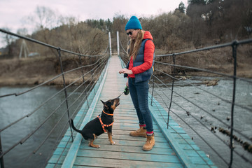 Fototapeta premium A woman walks with a dog over the river on a suspension bridge