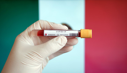 COVID-19 Pandemic Coronavirus concept ; Close-up of a Positive COVID-19 blood test sample tube with Flag of Mexico at background. Blood testing for diagnosis new Corona virus infection.